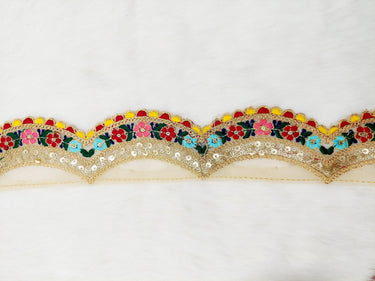 9 Yards Scallop Sequin Floral Border, Beige Shimmer Tissue Fabric Lace Trim Flowers Embroidery, Floral Sari Trimming